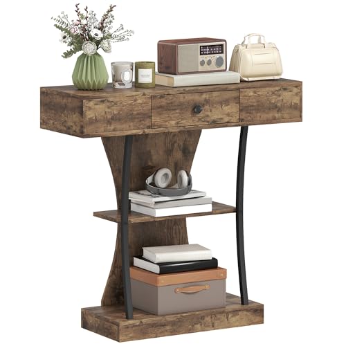 HOMCOM Table console, table d'entrée industrielle à 3 niveaux avec tiroir, étagères de rangement et cadre en acier, pour le salon, l'entrée, marron...