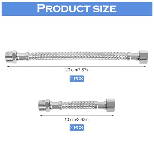 4 Stück 304 Edelstahl Flexschlauch 3/8, Verbindungsschlauch mit Edelstahlumflechtung, Panzerschlauch 3/8 Zoll Überwurf und Außengewinde, für Wasserhahn Eckventil Wassererhitzer (20cm/10cm)
