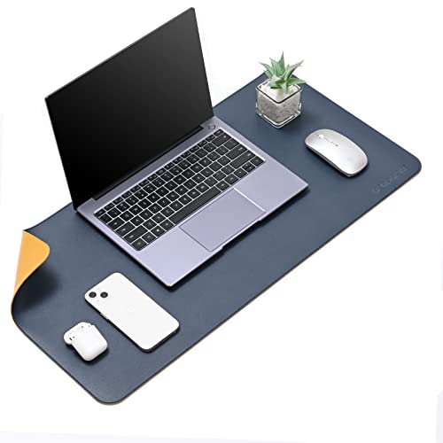 AROPANA Vegan Leather Desk Mat | Large Reversible Mouse Pad & Computer Table Protector | Dual-Side Waterproof Extended Laptop Pad with Edge-Stitched Design (70 x 35 cm, Navy Blue and Yellow)