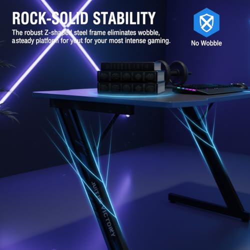 Image of 39 Inch Gaming Desk Z Shaped Computer Desk Large PC Gaming Table PVC Surface with Headphone Hook & Adjustable Feet for Teen