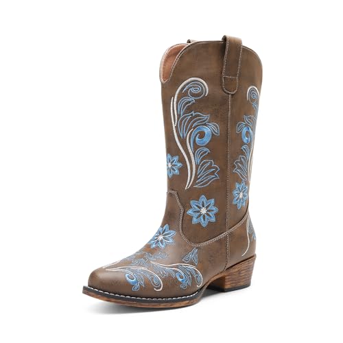 DREAM PAIRS Women's Cowboy Boots Mid Calf Chunky Heel Embroidery Stitched Cowgirl Western Boots,Size 6,Dark Brown,DWUMMB2512