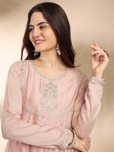 Image of MOKOSH Women's Silk Embroidery Anakrali Kurta Pant with Dupatta | Anarkali Kurta Set | Round Neck Full Sleeve Ethnic Suit | Floral Kurta 7 Colour Option Available | 3 Piece Outfit