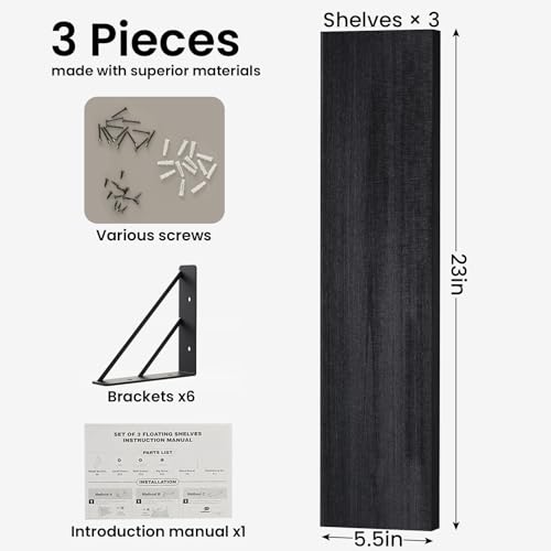 Image of BAYKA Wall Mounted Floating Shelves, Wood Floating Wall Shelf for Books & Decor, Small Space-Saving Display & Organizer(Black,23in,Set of 3)