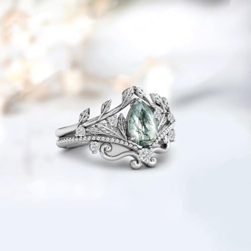 Natural Pear Moss Agate Engagement Ring Set for Women 925 Sterling Silver Genuine Pear Bridal Rings for Her with Engraving Green Moss Agate Wedding Ring Set-234