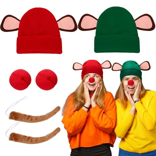 Maiteenly 6 Pcs Halloween Mice Costume Accessories Couple Costume Set Ears Knit Mouse Hats Red Sponge Ball Noses and Artificial Mouse Tail for Adult Halloween Rat Princess Cosplay Party Supplies
