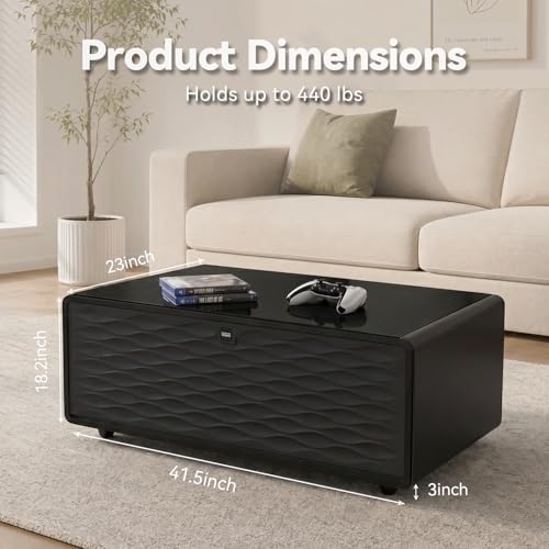 Image of LIVTAB Smart Coffee Table, Living Room Table with Built in Fridge, 23 inch D x 41.5 inch W x 18.1 inch H, Smart Table with 10W Wireless Charging, USB Chargers and 110V Outlet