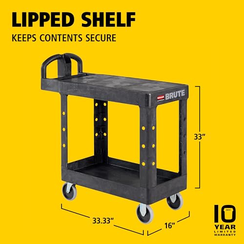 Image of Rubbermaid Commercial Products Heavy Duty 2-Shelf Utility /Service Cart, Small, Flat Shelves, Ergonomic Handle, 500 lbs. Capacity, for Warehouse /Garage /Cleaning /Maintenance
