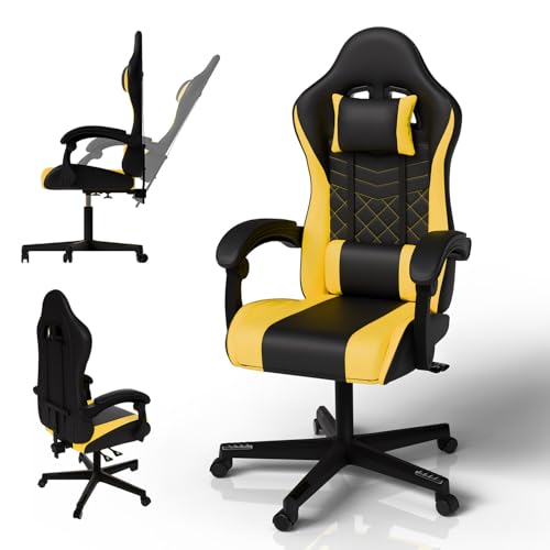 Juskys Sedia da gaming HyperSeat – Regolabile in altezza, schienale reclinabile e braccioli imbottiti, similpelle, ergonomica e resistente – Nero/giallo