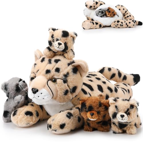 Zomiboo 5 Stück Geparden Kuscheltier Set Großer Mama Geparden Plüsch mit 4 Kuschelweichen Gepardenbabys im Bauch für Jungen Mädchen Geburtstag Abschlussgeschenke Partydekorationen(Lügenstil)