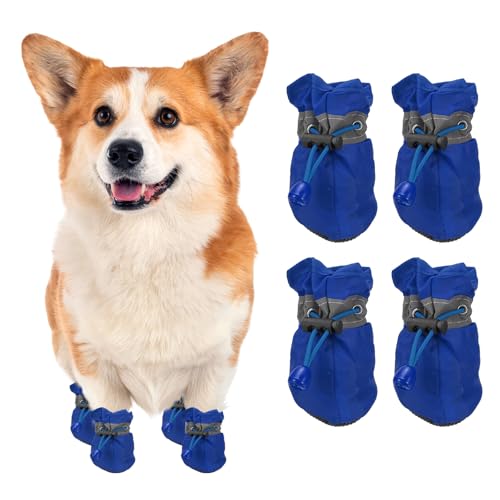 PETAXCELL Dog Shoes Dog Boots, Paw Protector Anti-Slip Sole Winter with Reflective Strap Waterproof Soft, (4Pcs, Oxford, 2.6x2.2, Blue), for Small Medium Puppies/Walking/Outdoor/Hardfloor
