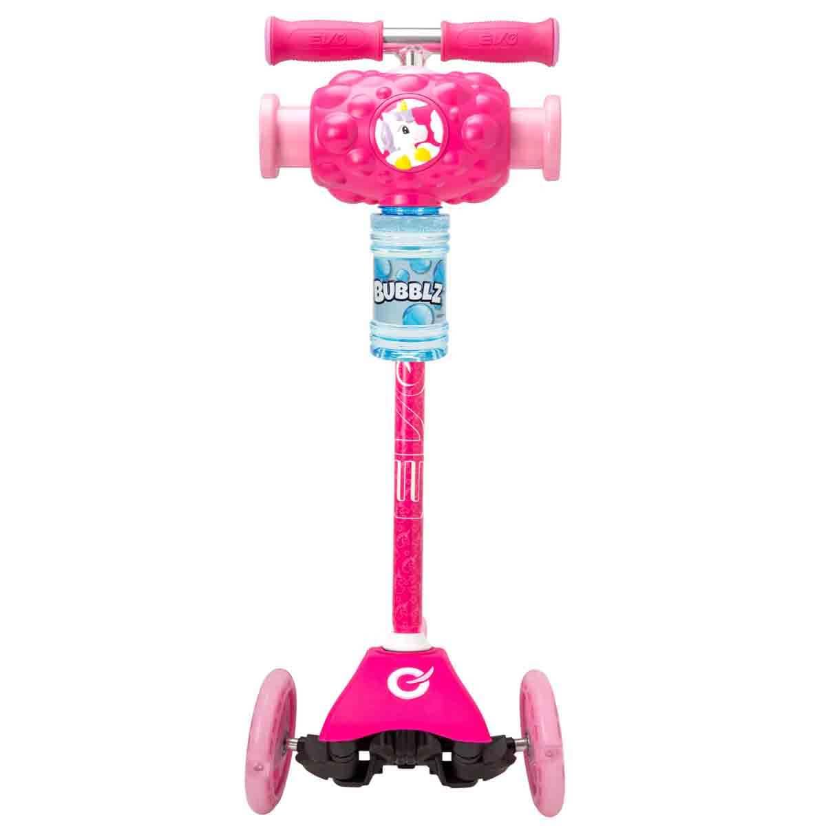 EVO Patinete ajustable con tres ruedas para niños, Bubblz Mini Cruiser rosa con pompas de jabón
