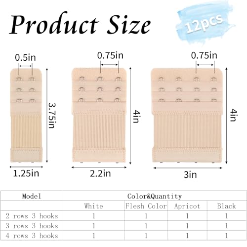 12 PCS Bra Extenders 2 Hook / 3 Hook / 4 Hook, Bra Strap Extender, Bra Extension Strap for Women Plus Size Soft and Comfortable (Black, White, Nude, Beige)2