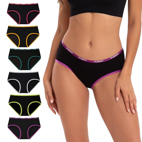 INNERSY Bragas Mujer Algodón Comodas Braguitas Culotte Cintura Midi Ropa Interior Deportiva Pack de 6(M-EU 40, Negro con Cinturilla de Colores)