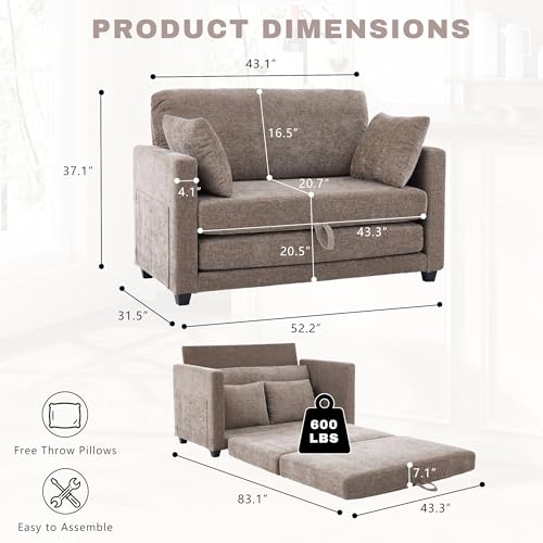 Image of 52 inch Loveseat Sleeper Sofa Bed, Convertible Small Pull Out Couch with Solid Back, 2 Pillows, Modern Upholstered Loveseat for Compact Living Room, Apartment, Bedroom, Brown