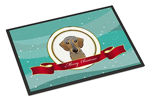 Caroline's Treasures BB1543JMAT Wirehaired Dachshund Merry Christmas Doormat 24x36 Front Door Mat Indoor Outdoor Rugs for Entryway, Non Slip Washable Low Pile, 24H X 36W