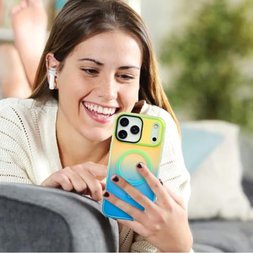 Image of AIGOMARA Magnetic Case for iPhone 17 Pro, Compatible with Magsafe, Fluorescent Iridescent Case for Women Girls, Shockproof Translucent Matte Protective Cover 6.3 Inch 2025, Green Blue