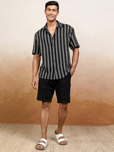 Image of Locomotive Men's Oversized Shirts | Striped | Half Sleeves | Cutaway Collar | Casual Shirts | Stylish Shirt