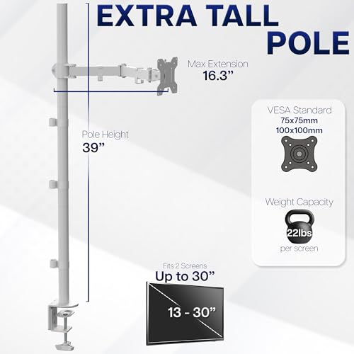 Image of VIVO Extra Tall Single Monitor Desk Mount Stand with 39 inch Pole, Features Full Adjustability - Tilt and Articulation, Holds 13 to 32 inch Screens up to 10kg with VESA Mounting, White, STAND-V011W