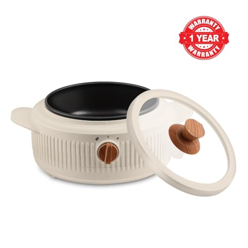 Image of Jaypee Plus Electric CookSmart Casserole with Teflon NonStick Coating Bowl for Reheating & Cooking, Serving Casserole Wooden Finish Lid & Regulator Knob Toughened Glass Lid, 1500 ml, Ivory