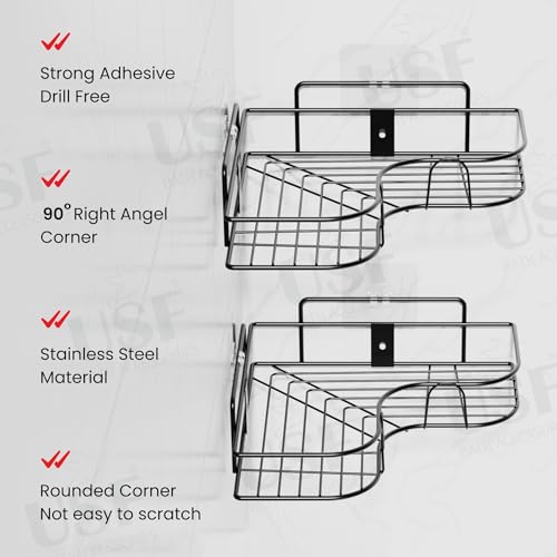 Image of USF Self Adhesive Corner Shelf for Bathroom, Stainless Steel Wall Mounted Storage Rack with No Drill Installation and Strong Hold Design for Kitchen Use, Easy Wall Installation (Black, Pack of 1)