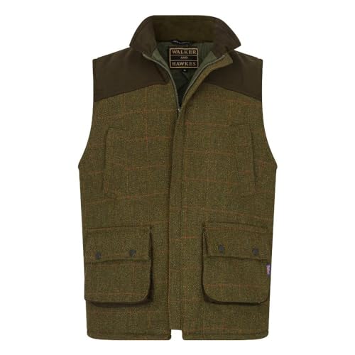 Walker and Hawkes Men's Derby Tweed Warrington Shooting Gilet with Shoulder Patch, Dark Sage - X-Large