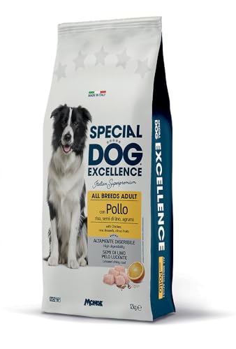 Monge Special Dog Excellence All Breeds Adult Pollo 12Kg, alimento completo per cani adulti di tutte le taglie con riso, semi di lino e agrumi, senza coloranti, confezione da 12 chilogrammi.