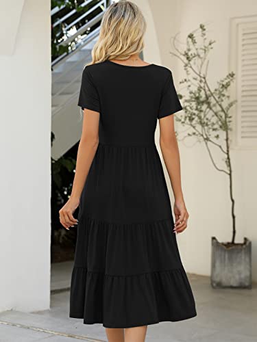 Image of Lyrur Women's Dresses Casual Summer Tiered Midi Dress Short Sleeve Belted Ruffle Babydoll Boho Sundress with Pockets