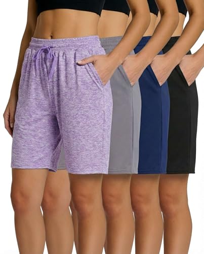 Image of 4 Pack: Women's Dry-Fit Athletic 7 inch Bermuda Long High Waisted Running Shorts Available in Plus Size Set