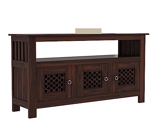 Image of Solid Sheesham Wood Wooden Sideboard Storage Cabinet & Chest of Drawer : Ideal for Living Room and Bedroom with 3-Shelf Storage (Hurtado, Walnut Finish)
