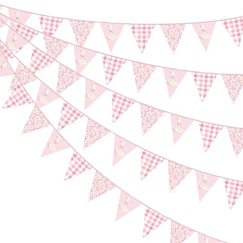 Image of 30 Ft Silly Goose Party Decorations Dusty Pink Buffalo Plaid Floral Daisy Silly Goose Pennant Banner Flag Hanging Paper Triangle Bunting for Birthday Wedding Shower Party Decorations Supplies