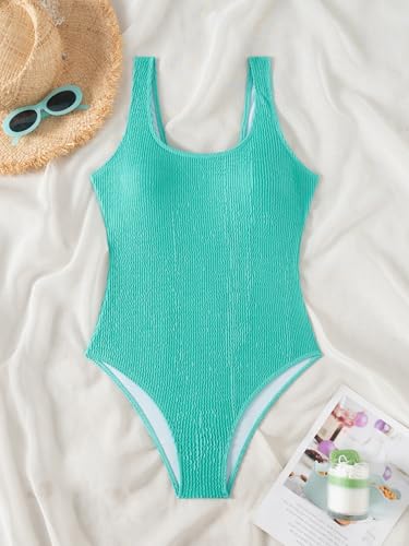Image of Limeeke Women One Piece Swimsuit Solid Ribbed Monokini Swimwear Scoop Neck Low Back Bathing Suit