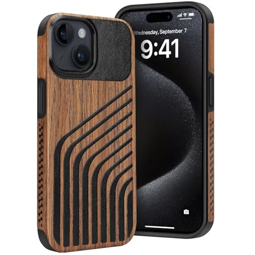 Dolstrap Robust Handyhülle Kompatibel mit iPhone 15 Hülle (Naturholz & Leder & Kohlefaser-Hybrid) Dünnes iPhone Hülle Akkord