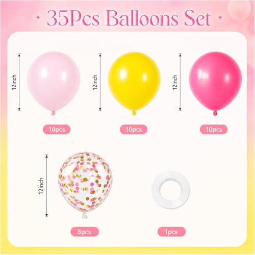 Image of Pink and Yellow Balloon, 12 Inch Hot Pink Yellow Confetti Latex Balloons | with Ribbon Peach Color Theme Party Decorations for Birthday Baby Shower Engagement Decorations