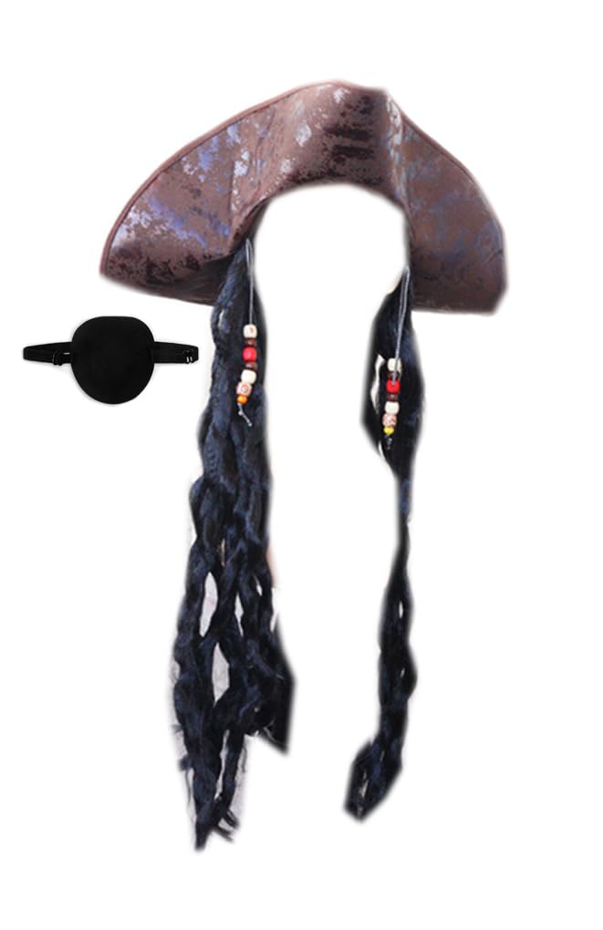 BXT Pirate Hat Cosplay Hat Wig Eye Patch Set Captain Role Play Props Headwear for Cosplay Halloween Party
