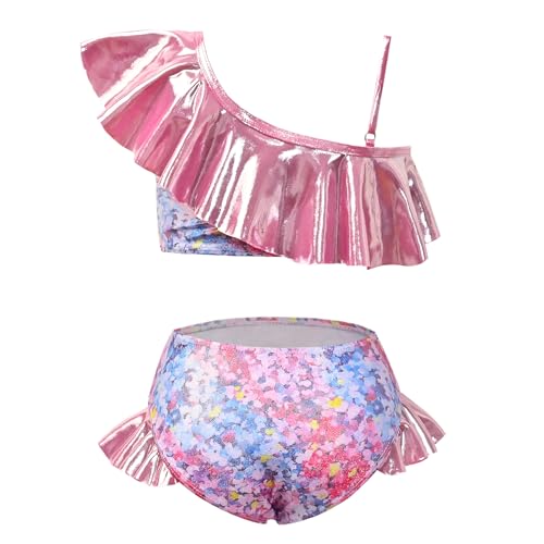 Image of CHILDRENSTAR Girls Metallic Bathing Suits Shiny Ruffles One Shoulder 2 Pieces Swimsuits Cute Bikini Set
