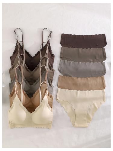 Image of BEAUDRM Women's 5 Pack Seamless Lingerie Sets Scallop Trim Wireless Bralettes No Show Bra and Panty Sets Matching Underwear