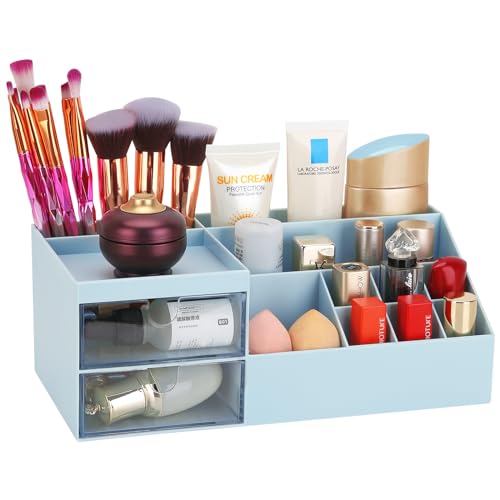 Image of LETURE Desk Organizer, Cosmetic Makeup Vanity Organizer Box, Bathroom Counter Makeup Storage for Eyeshadows, Skin Care, Concealers, Powders, Nail Polish (Blue)