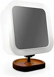 Espelho de Maquiagem Iluminado LED com Aumento 10×, Braço Articulado e Base em Madeira – Design Luxo para Make Perfeita na Penteadeira