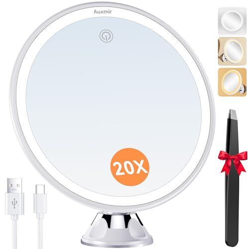 Auxmir Specchio Ingranditore 20X, Specchio Trucco a 3 Colori d’Illuminazione,