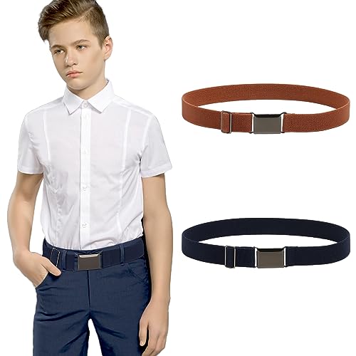 Kajeer Kids Belts 2 Pack for Boys Girls Elastic Adjustable Silver Square Buckle Boy Toddler Belt for School Uniforms Causal