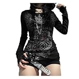Grunge Shirts Emo Clothe Teen Girls Vintage Graphic Tee Y2k 2000s Goth Top Women Mcbling Long Sleeve Streetwear (Black Purple,Medium)