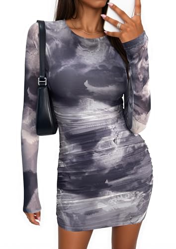 PRETTYGARDEN Mesh Mini Dresses for Women Long Sleeve Gray Floral,XL
