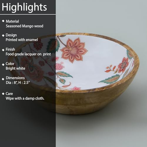 Image of SAAGA Printed Mango Wood Mixing Bowl - 8 x 2.5 Inch Large Wooden Serving Bowl | Stylish Salad, Fruit & Snack Bowl - Cinder Printed Bowl