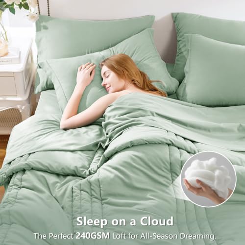 Image of CozyLux Queen Comforter Set Sage Green - 7 Pieces Bed in a Bag, Modern Vertical Quilted Room Decor, Soft All-Season Bedding Gift with Comforter, Sheets, Pillowcases & Shams