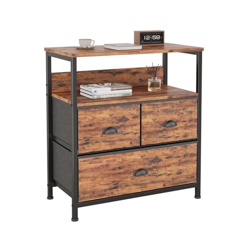 SKY-TOUCH Bedside Nightstand Drawers Organizer with 3 Fabric Drawer & Shelf Storage Versatile Usage for Nightstand Bedroom Living Room Tiger Wood - 22.8x11.4x24.8 inch