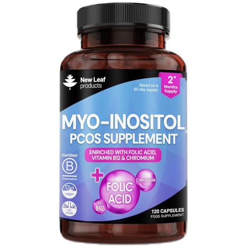 Myo-Inositol PCOS Supplement - Myo Inositol Capsules PCOS Supplement Enriched with Folic Acid, Vitamin B12 and Chromium - Hormone Balance for Women 120 Vegan Capsules UK Made New Leaf Vitamin B8