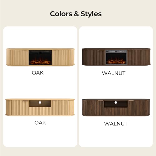 CHITA 70" Fluted Fireplace TV Stand for TVs Up to 80", Mid Century Modern Entertainment Center with 23" Fireplace, TV Console for Living Room with Adjustable Shelves, Media Cabinet, Walnut