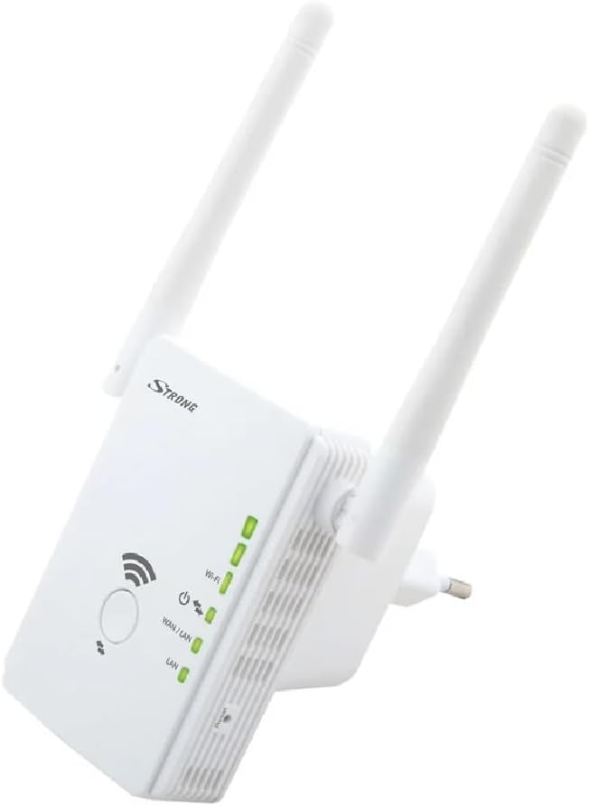 Samping view of the Strong Universal Wi-Fi Repeater 300 V2, showing the power plug and the mode switch.