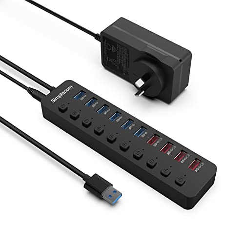 Simplecom CHU810 48W 10-Port USB 3.0 Hub and Charger with Individual Switches 12V/4A Power Adapter BC 1.2 Fast Charging