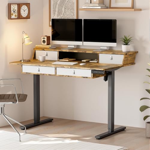 ARTIKEL Valor Electric Height Adjustable Table for Office Work, Standing Desk with Storage Drawers & Shelves, Sit Stand Desk for Home Office, Ergonomic Electric Standing Desk, 120 x 60 cm, Brown